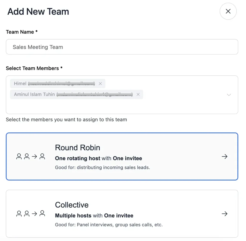 set your team name and select round robin meeting in fluentbooking